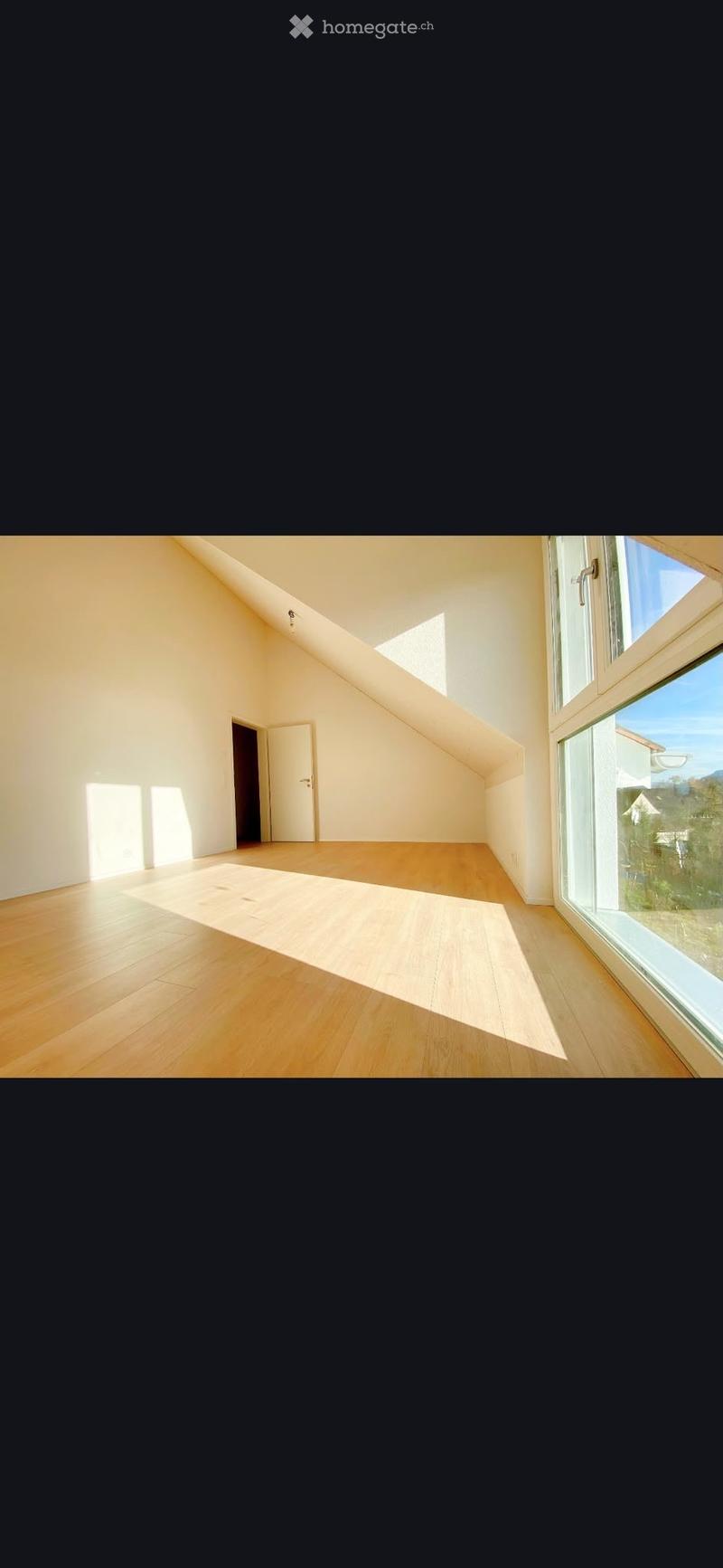 Empty room with wooden flooring, large windows, and a skylight, featuring a simple, modern design with white walls and a door leading to another space.