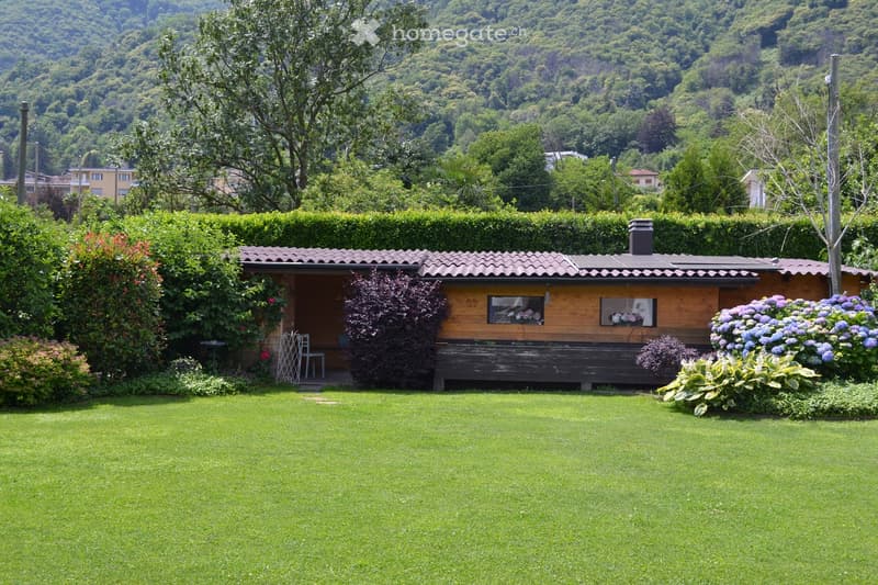 A well-maintained garden with a wooden cabin, lush green grass, flowering bushes, and a scenic mountain backdrop.