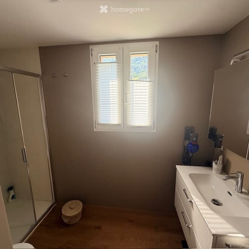 Modern bathroom with a white sink, chrome faucet, mirrored cabinet, glass shower stall, and a small wicker basket on the floor. The room features neutral gray walls and a window with white blinds.