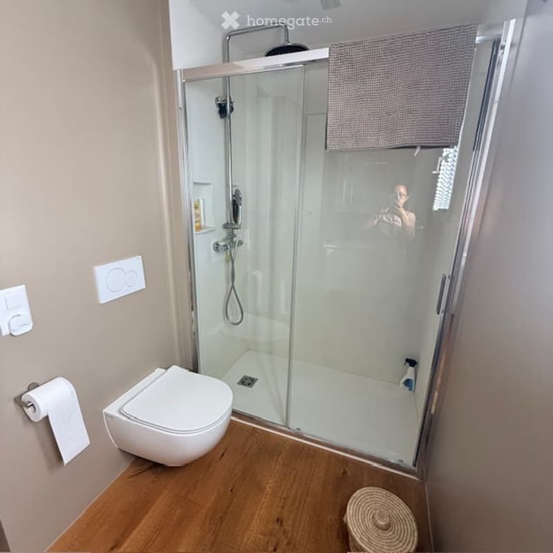 Modern bathroom with a white toilet, glass-enclosed shower, and wooden flooring.