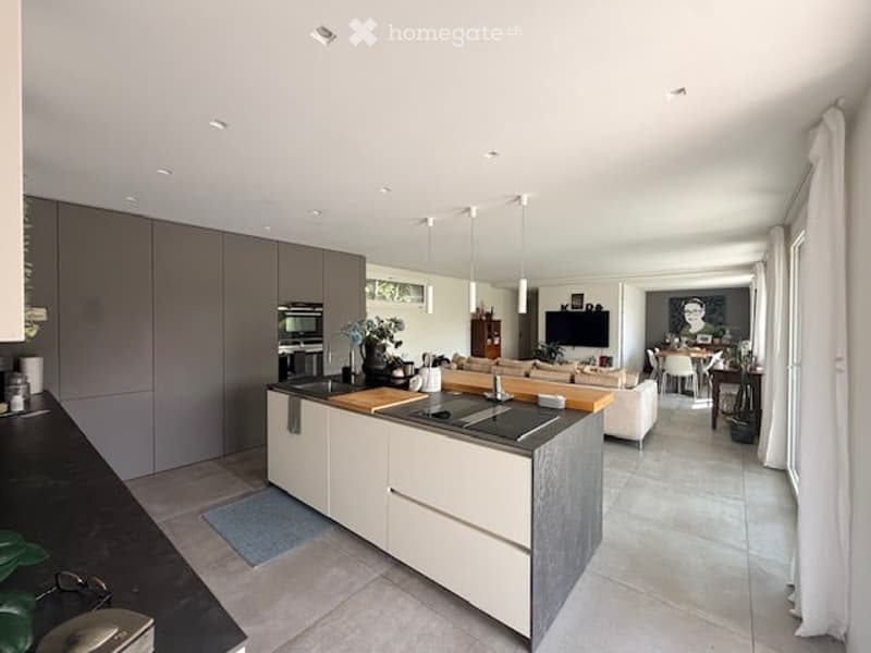 Modern, open-plan kitchen and living area with sleek cabinetry, a central island, and integrated appliances. The living area features a comfortable sofa, coffee table, and a television, creating a bright and inviting space.