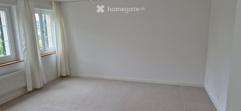 Empty room with light-colored walls, carpeted floor, large window with curtains, radiator, and wooden shelf under the window.