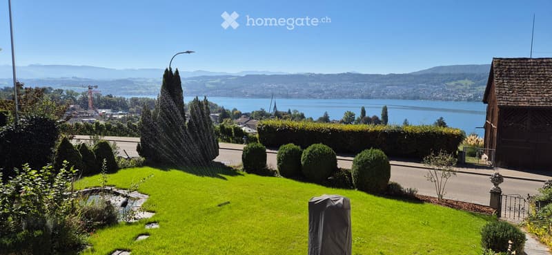 Well-maintained garden with trimmed hedges, a small water feature, and a view of a lake and distant mountains.