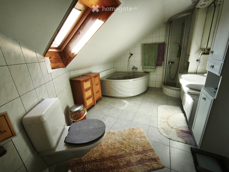Bathroom with a toilet, bathtub, sink, wooden cabinet, shower, and bathroom rugs.