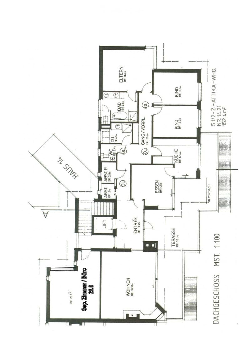 Floor plan of a 152.2 m² attic apartment featuring a living room, separate bedroom, kitchen, bathroom, and terrace.
