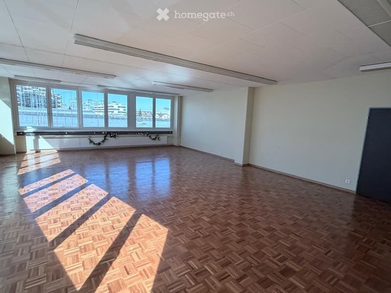 Empty room with wooden parquet flooring, white walls, large windows, and fluorescent ceiling lights.