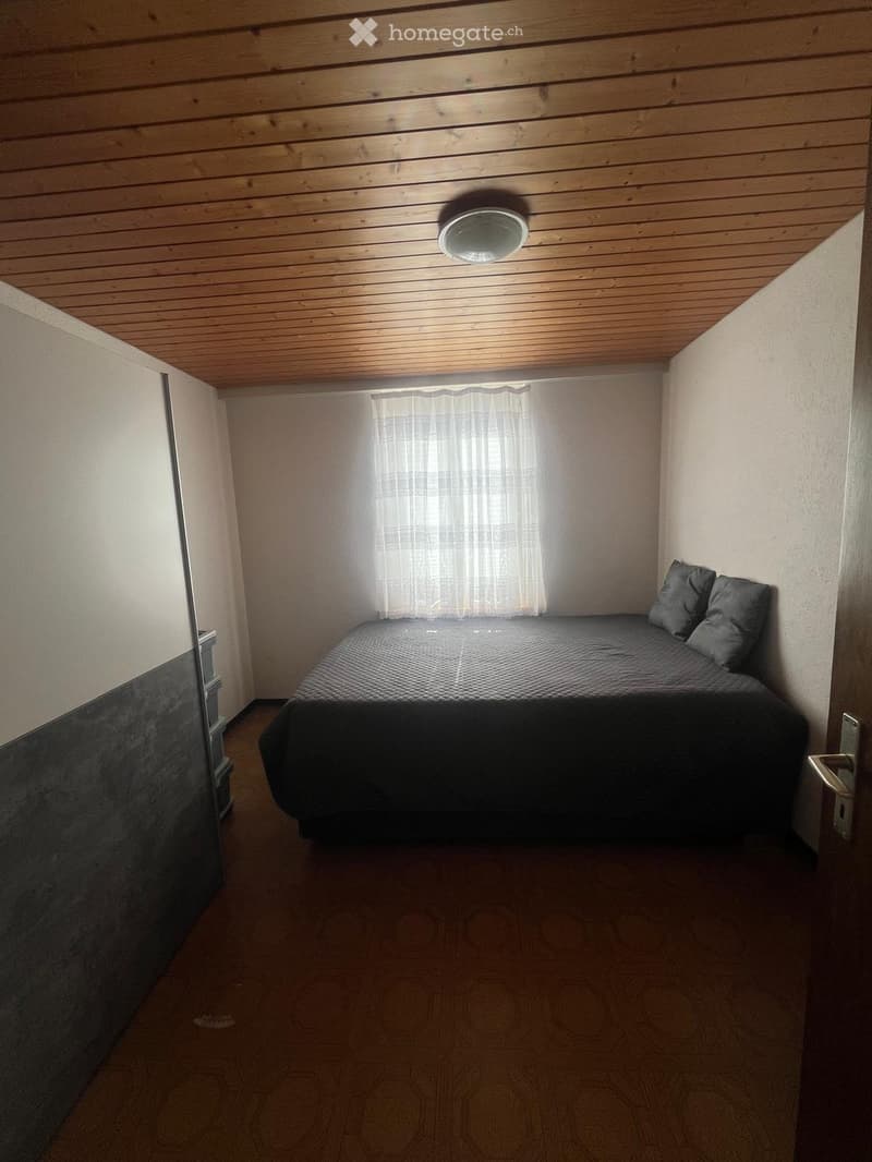 Cozy bedroom with wooden ceiling, light-colored walls, and a single bed with dark bedding and pillows. Natural light filters through a window with white curtains.