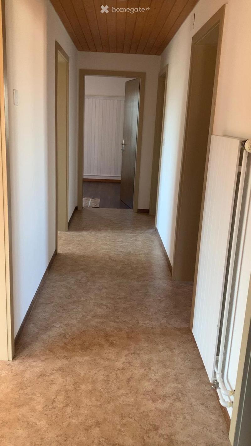 Empty hallway with beige carpeting, white walls, and wooden doors leading to other rooms.