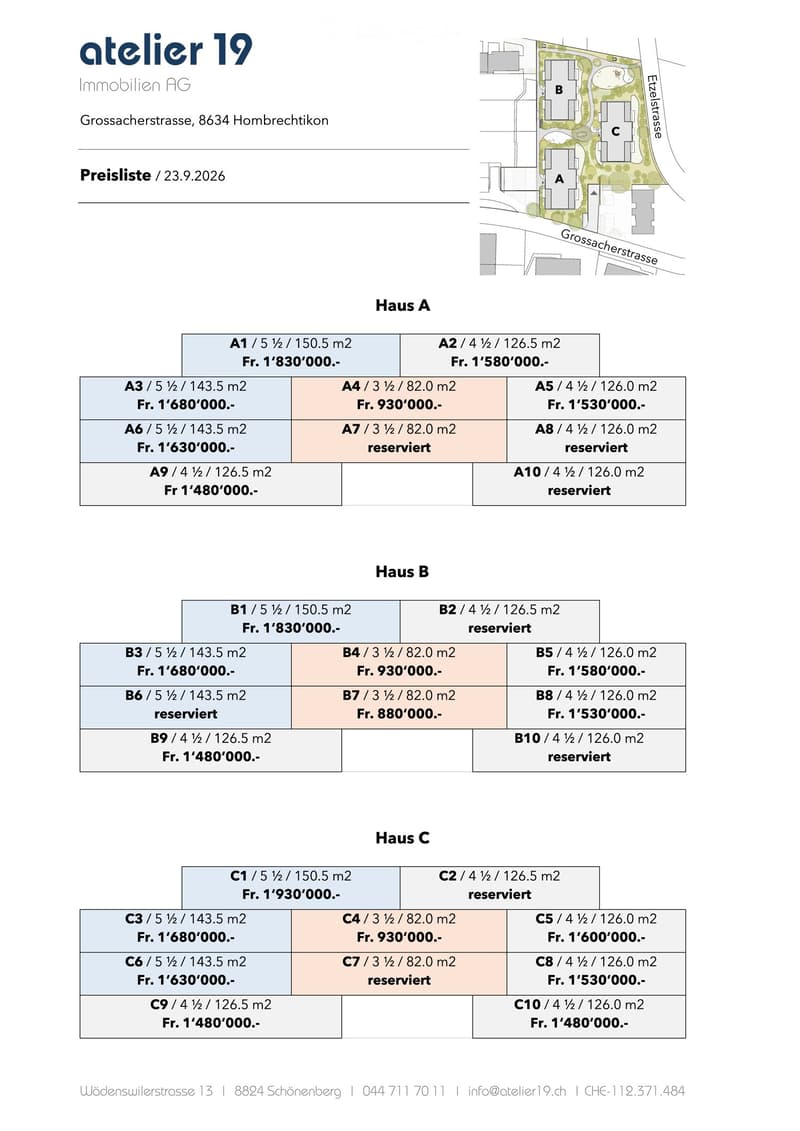 Floor plan of three houses (Haus A, Haus B, Haus C) with apartment listings, prices, and availability status.