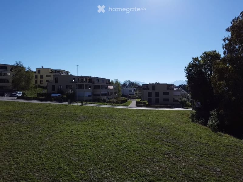 A grassy field with a few buildings in the background, including a multi-story residential building and a smaller structure. The area is surrounded by trees and has a clear blue sky.