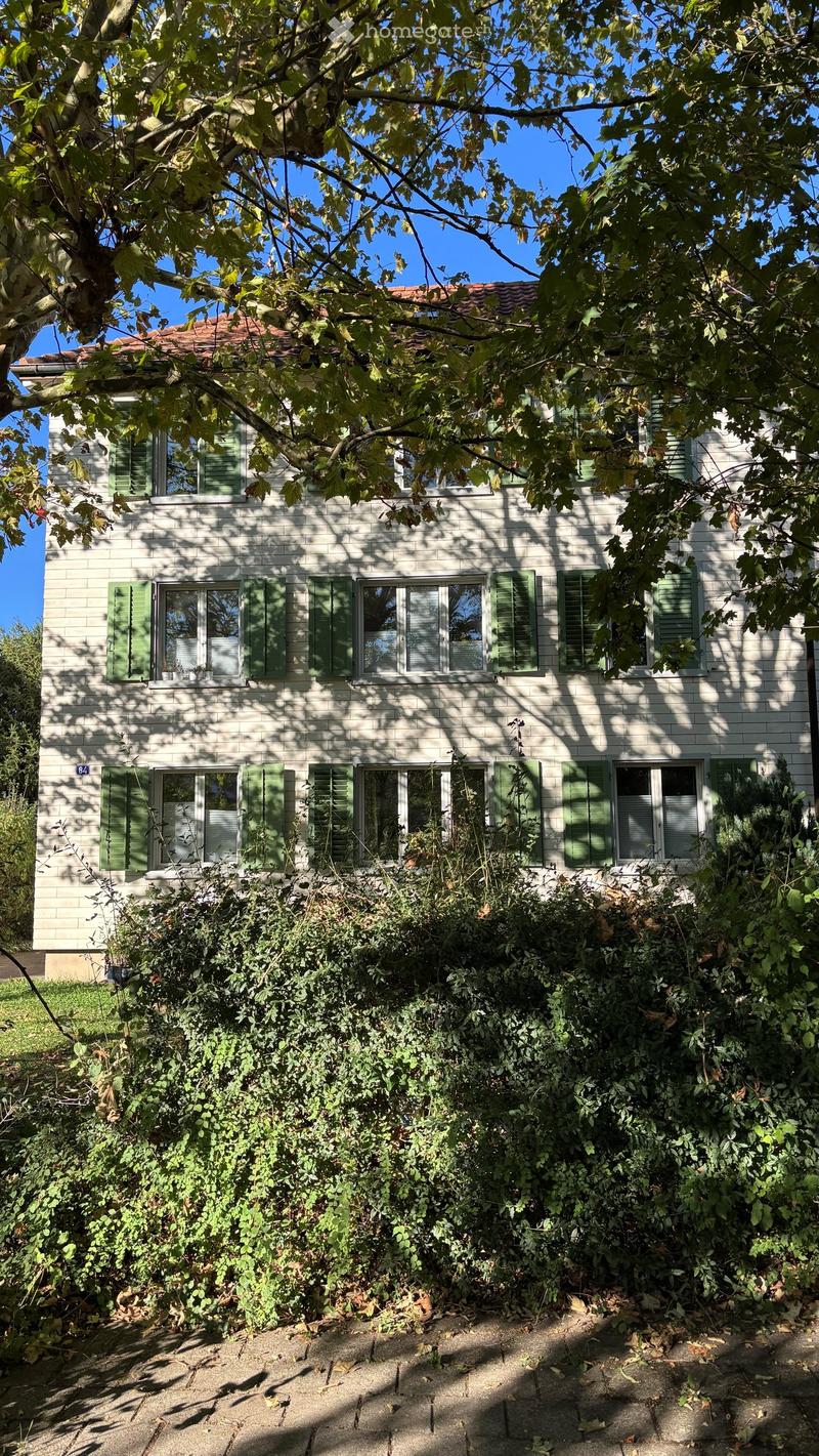 Two-story house with light gray siding, green shutters, multiple windows, and a red-tiled roof partially obscured by trees.