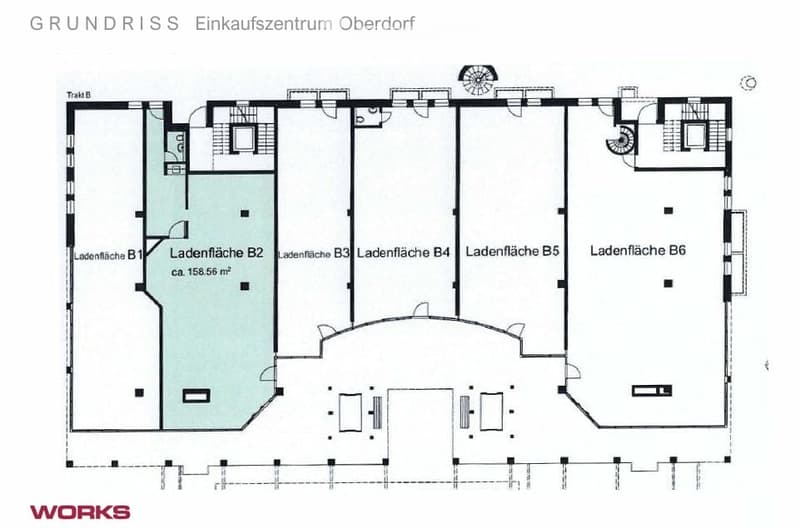Floor plan of Einkaufszentrum Oberdorf showing multiple store spaces labeled Ladenfläche B1 to B6, with a highlighted area of approximately 158.56 m².
