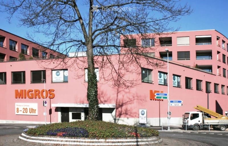 Pink building facade with large windows and signage for "MIGROS" store, surrounded by a landscaped area with shrubs and a tree.