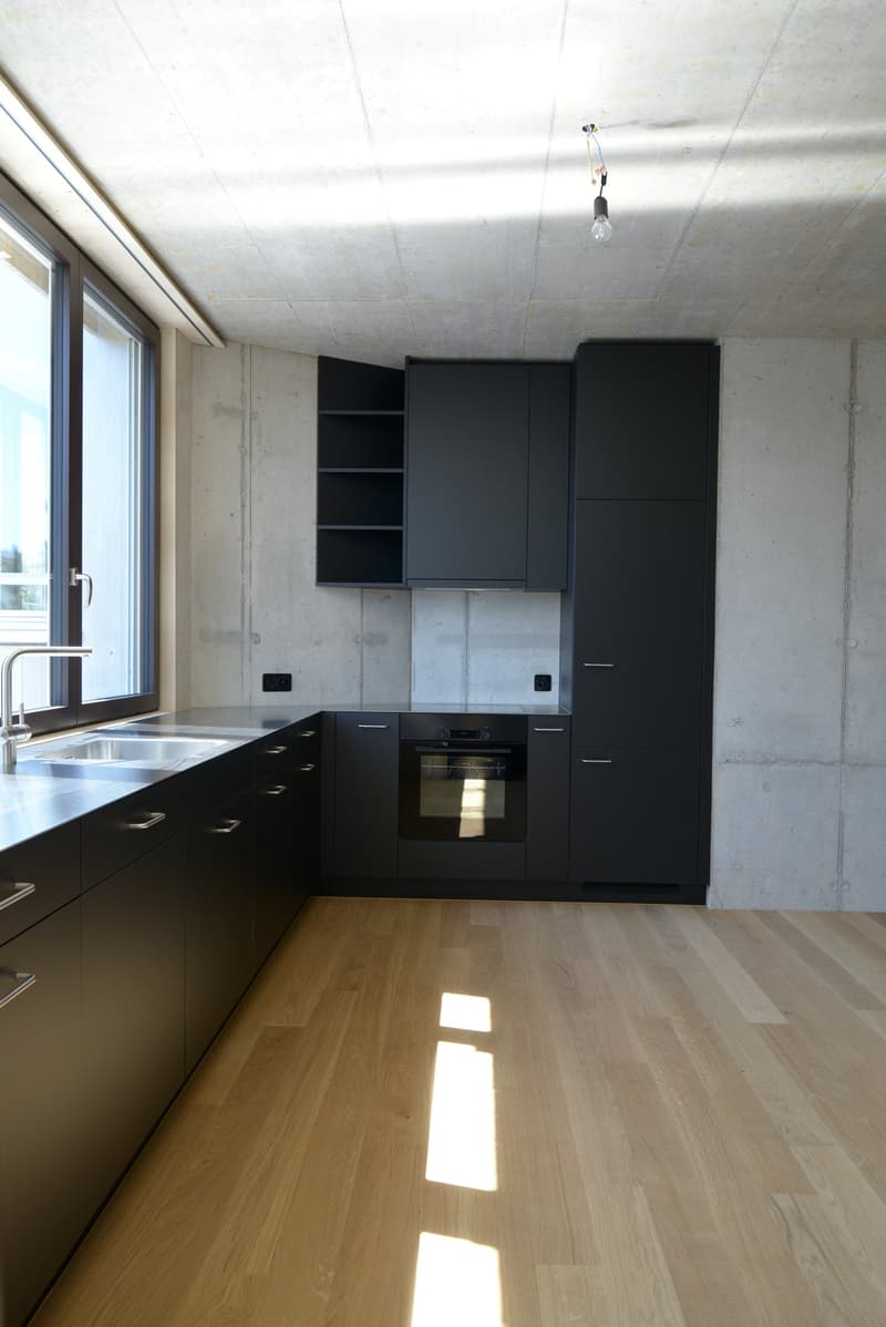 Modern kitchen with dark grey cabinets, stainless steel sink, and wooden flooring.