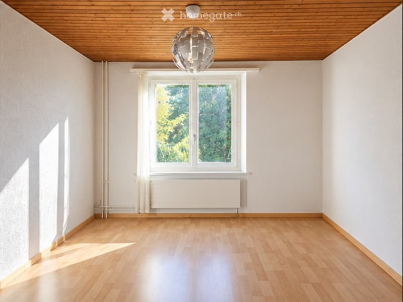 Empty room with wooden flooring, white walls, large window with white frame, radiator below window, and a modern pendant light fixture on the ceiling.
