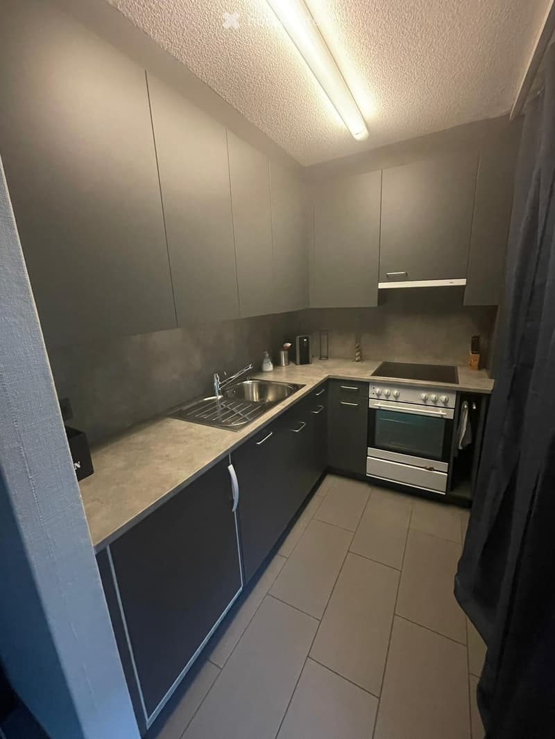Modern kitchen with grey cabinets, stainless steel appliances, and a tiled floor.