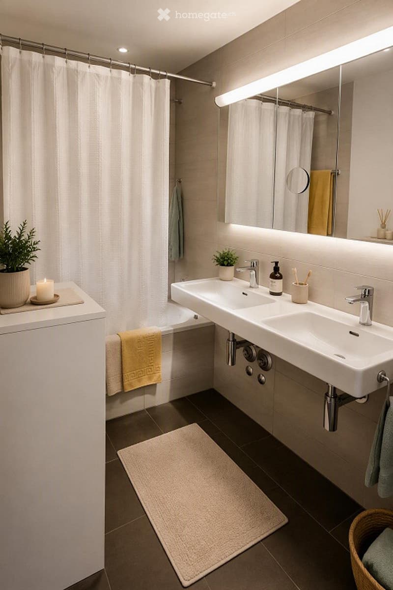 Modern bathroom with a double sink, bathtub, large mirror with built-in lighting, and decorative elements including plants and candles.