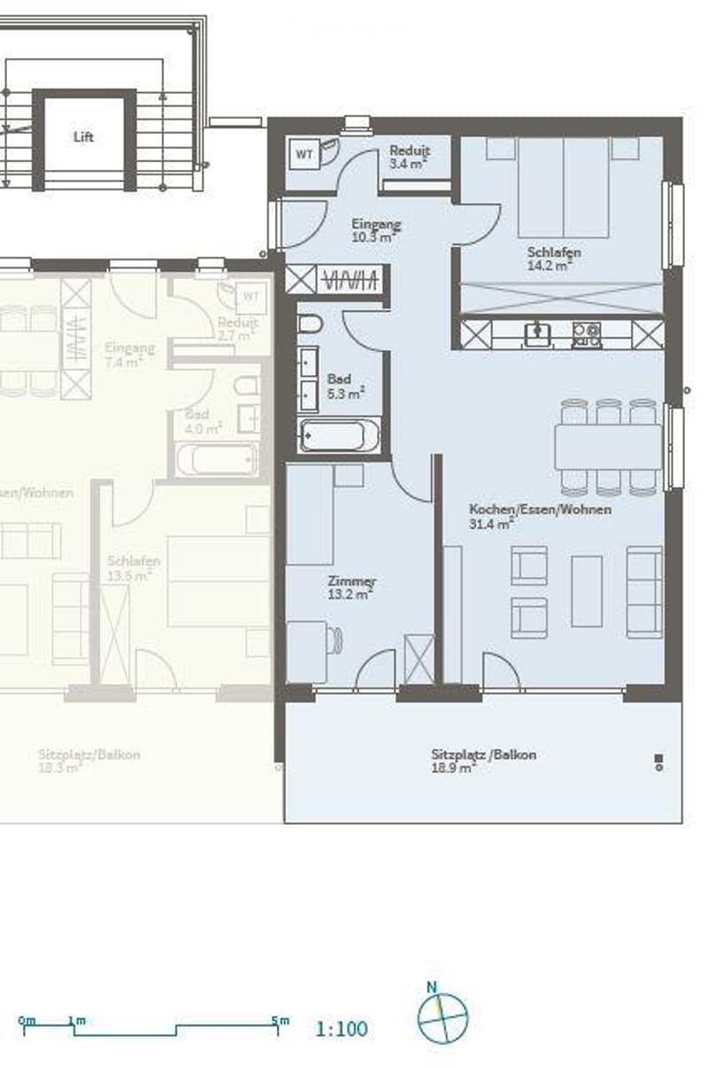 Floor plan of a multi-room apartment including living/dining area, kitchen, bedrooms, bathrooms, and a balcony.
