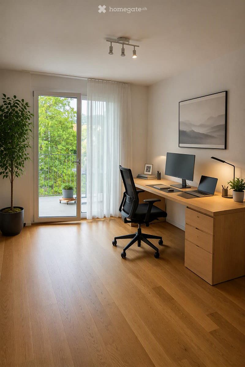 Modern, minimalist office space with a wooden floor, large window with sheer curtains, and a balcony view. Features a sleek desk with a laptop, monitor, and office chair.