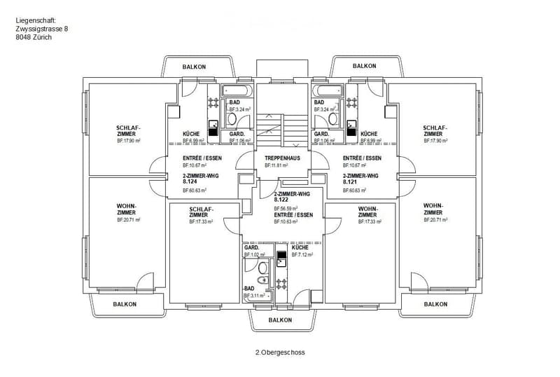 Floor plan of a 2-story apartment with multiple bedrooms, bathrooms, kitchens, living rooms, and balconies.