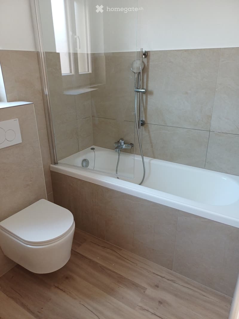 Modern bathroom with a toilet, bathtub, and glass-enclosed shower area. Light-colored tiles and wooden flooring.