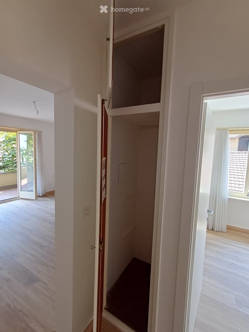 Empty hallway with open doors leading to two rooms, one with wooden flooring and the other with carpeted flooring. Natural light streams in from windows.