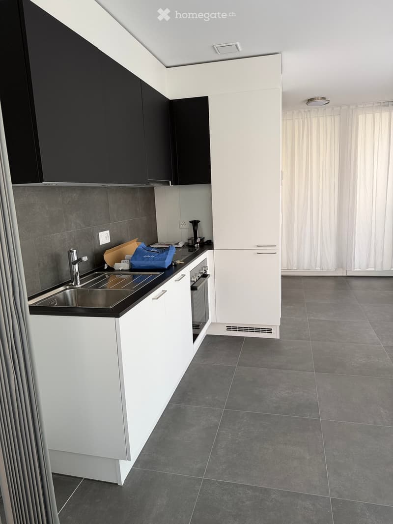 Modern kitchen with white cabinets, black countertops, stainless steel sink, and grey tiled floor.