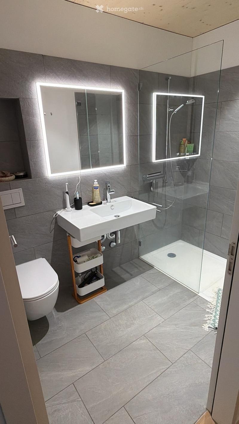 Modern bathroom with grey tiles, white sink, toilet, and a glass-enclosed shower. Features include a built-in mirror with LED lighting and a small wooden storage unit beneath the sink.