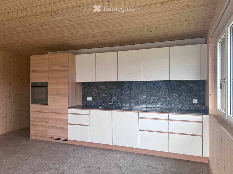 Modern kitchen with light wood and white cabinets, dark countertop, and built-in oven.