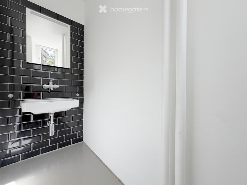 Modern bathroom with black tiled wall, white sink, and a mirror above it.
