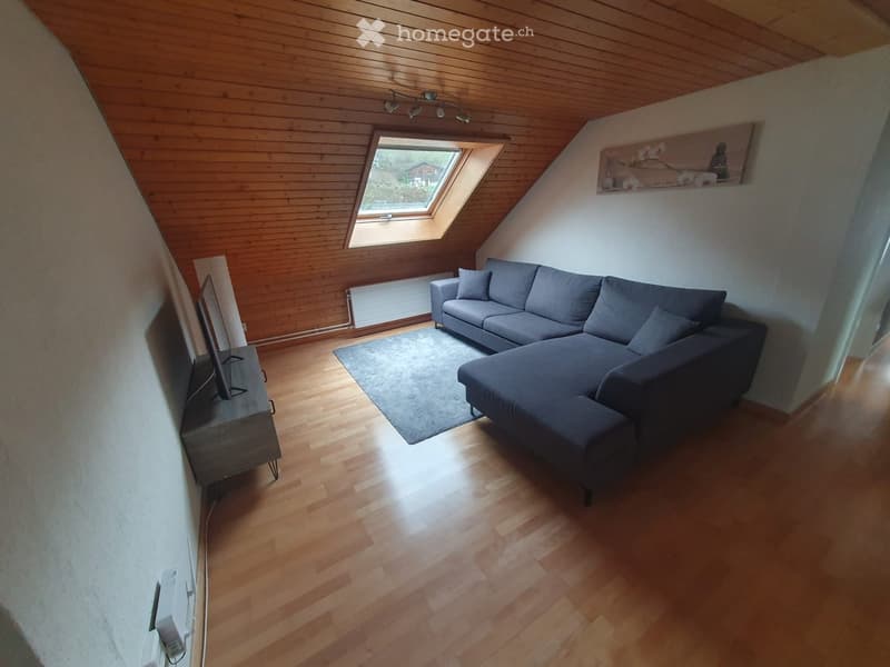 Modern living room with wooden floors, grey sectional sofa, coffee table, television, and a skylight window providing natural light.