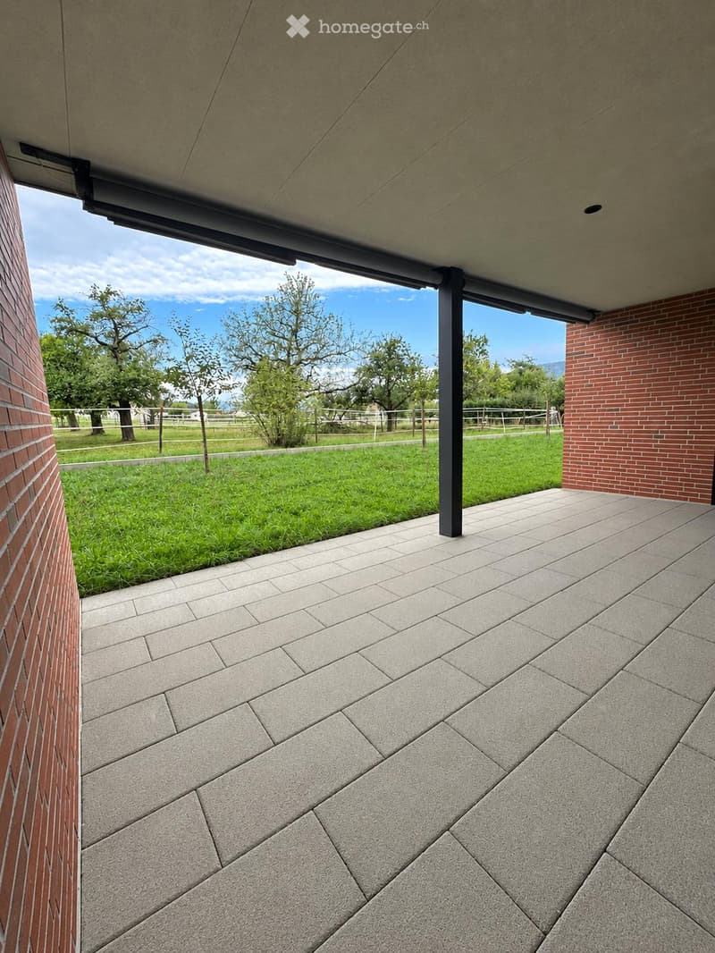 A modern outdoor patio with large concrete tiles, a covered section with a metal frame, and a view of a green lawn and trees in the background.