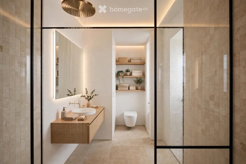 Modern bathroom with a floating wooden vanity, large mirror, sleek showerhead, and built-in shelves holding towels and plants.