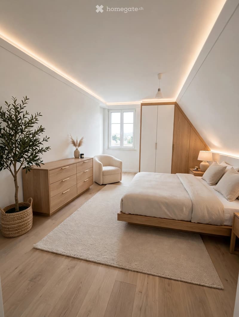 Modern bedroom with a large bed, nightstand, armchair, dresser, and decorative items, featuring wooden floors and white walls.