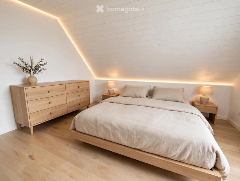 Modern bedroom with a wooden bed, nightstands, lamps, and a drawer unit, featuring light wood flooring and white walls.