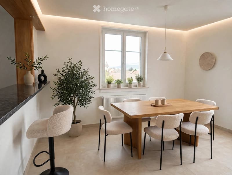 Modern dining area with a wooden table, six chairs, a hanging pendant light, and decorative vases on a shelf. A large potted plant is placed near the window, which offers a scenic view.