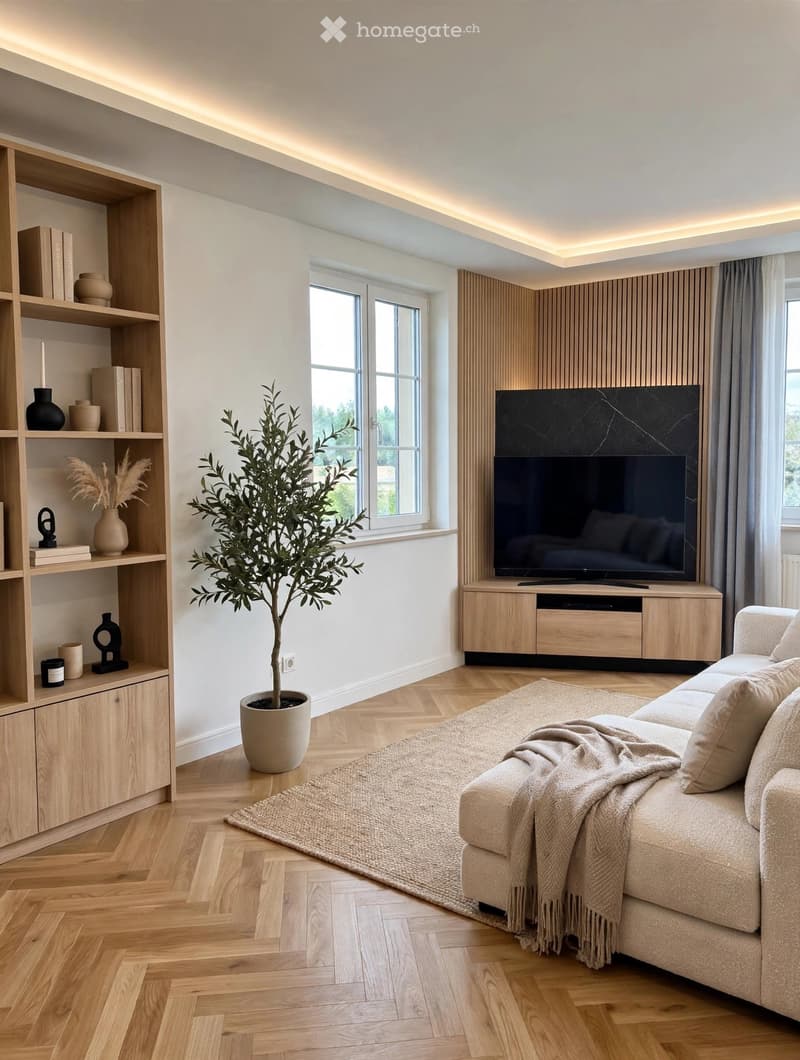 Modern living room with light wooden flooring, a beige sofa, a large television, a wooden bookshelf, and a potted plant near the window.