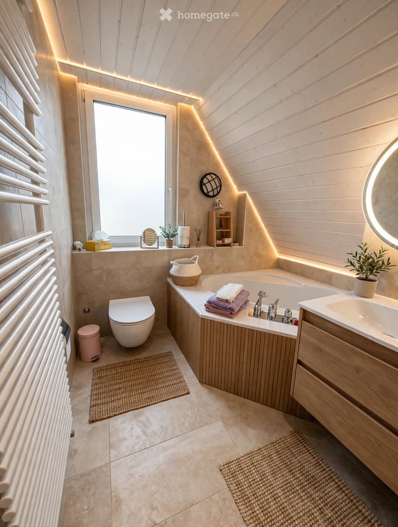 Modern bathroom with a bathtub, toilet, sink, and wooden vanity. Features include a large window, built-in shelving, decorative lighting, and two woven rugs on the floor.