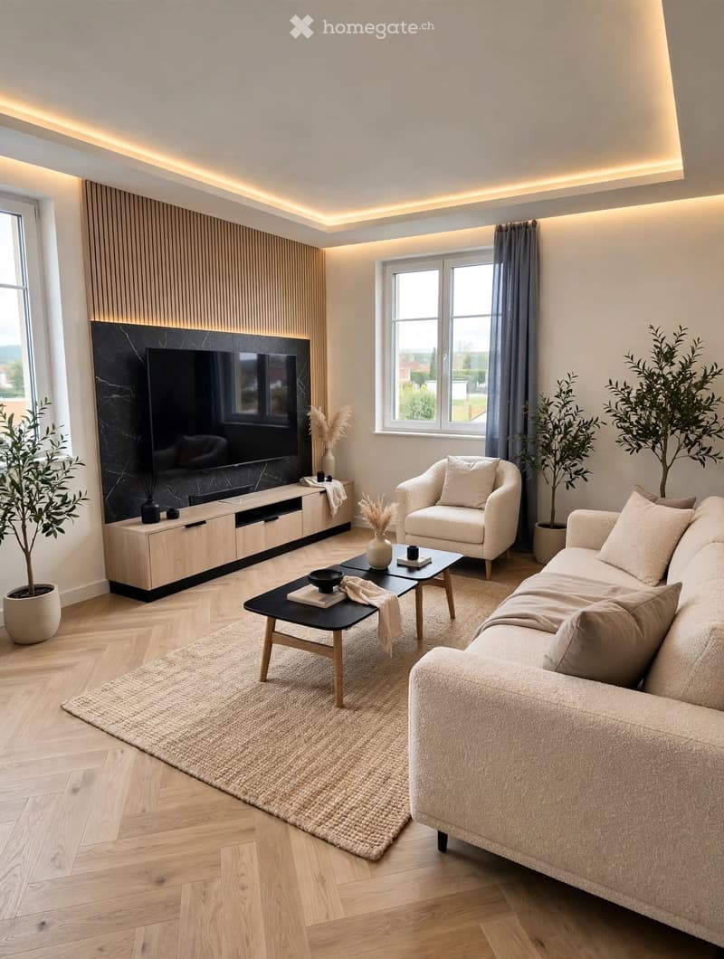 Modern living room with light wooden flooring, a beige sofa, armchair, coffee table, TV stand, and decorative plants.