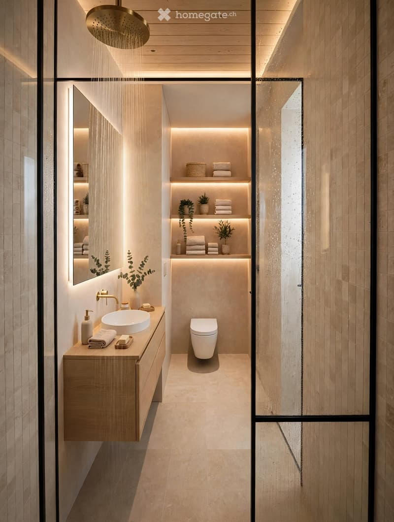Modern bathroom with a large shower area, sleek wooden vanity, and built-in illuminated shelves holding towels and plants.