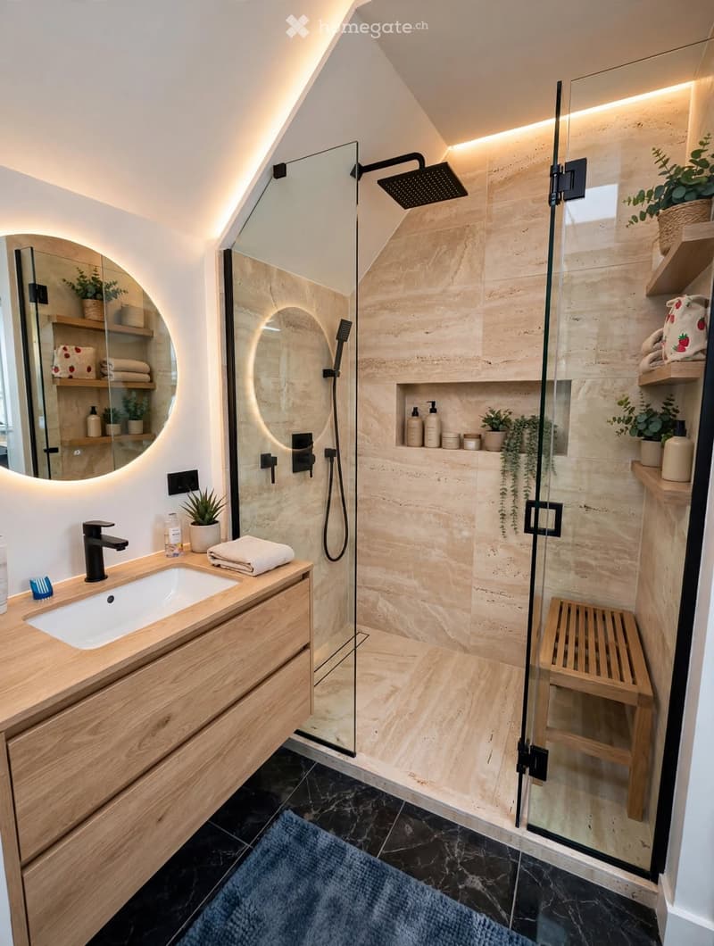 Modern bathroom with a wooden vanity, sink, mirror, glass-enclosed shower, and built-in shelves holding towels and plants.
