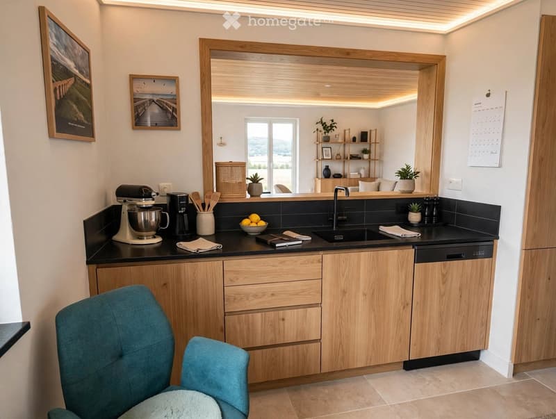 Modern kitchen with light wooden cabinets, black countertops, a mixer, coffee maker, and a sink. There are two blue chairs, a bowl of fruit, and a framed picture on the wall.