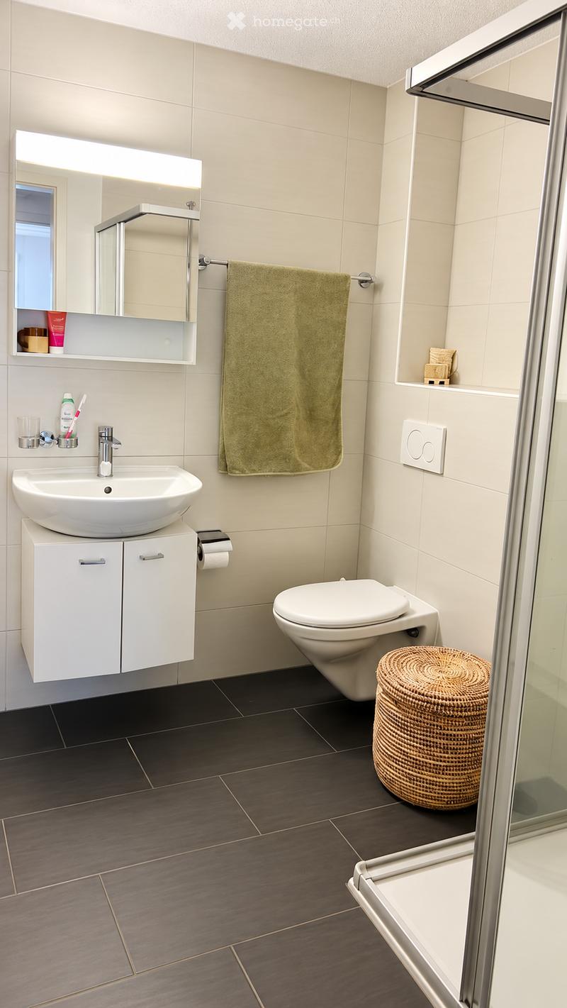Modern bathroom with white tiles, dark floor tiles, a white sink with a modern faucet, a large mirror with built-in storage, a white toilet, a green towel, and a woven stool near the shower area.