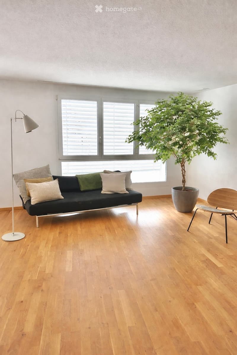 Modern living room with wooden flooring, large window with blinds, a black sofa with multiple throw pillows, a wooden chair, a floor lamp, and a large potted plant.