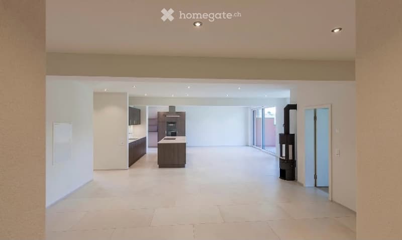 Open-plan space with a modern kitchen area featuring dark cabinets, a central island, and built-in appliances. The living area has large windows and a fireplace, with a clean, minimalist design.