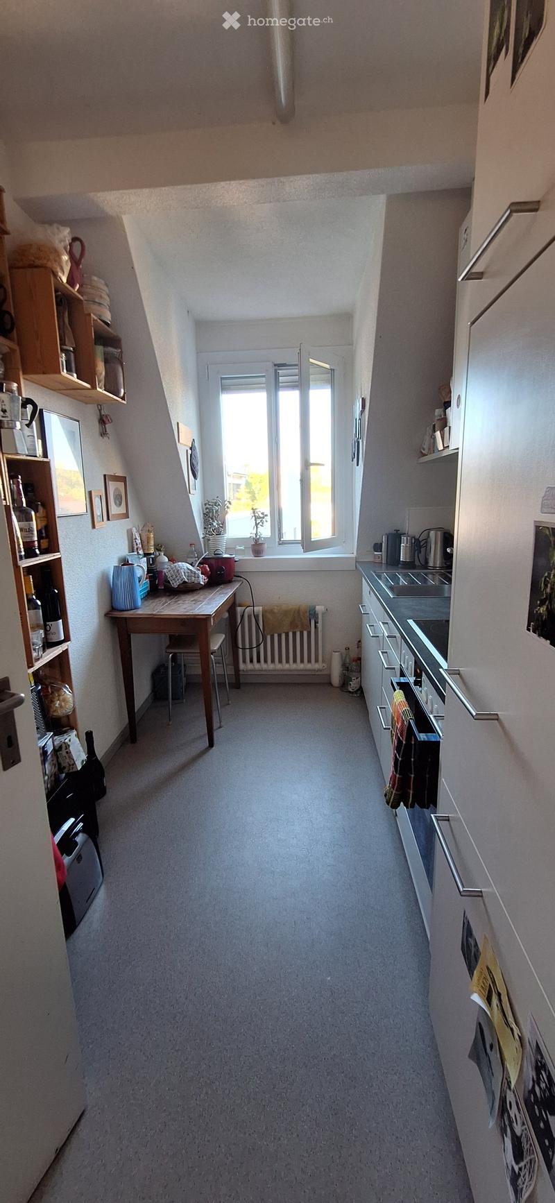 A narrow hallway with carpeted floor, white walls, and a window at the end. Shelves on the left hold various items, and a small table with a kettle and other kitchen items is visible. Kitchen cabinets and appliances are on the right side.