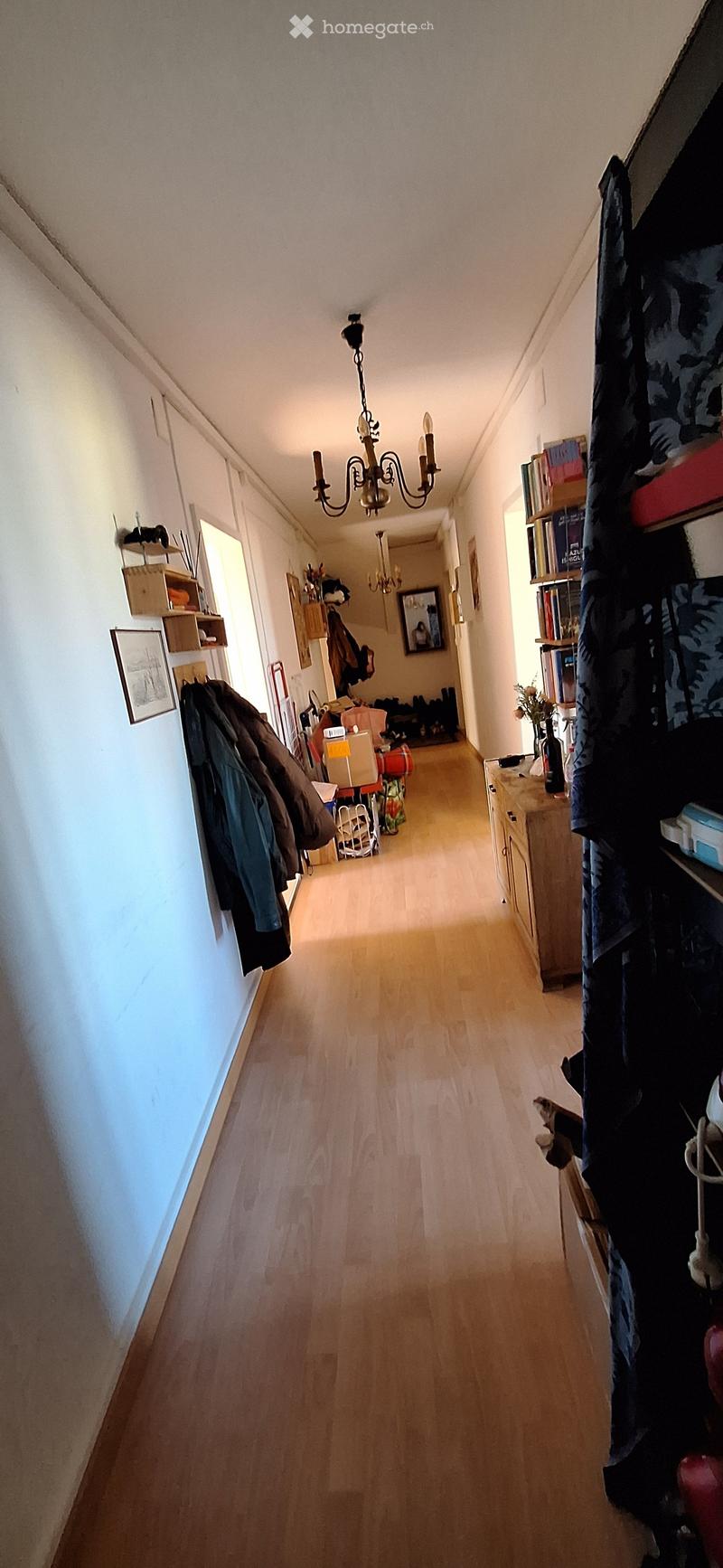 A long, narrow hallway with wooden flooring, white walls, and a chandelier hanging from the ceiling. There are shelves with books and coats on either side, and a small area with shoes and bags at the end.