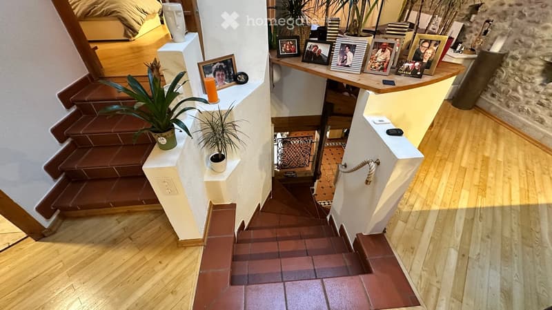 Staircase leading to an upper level, with wooden and tiled flooring, potted plants, and framed photos on a shelf.