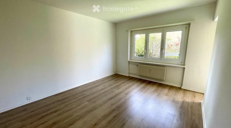 Empty room with wooden flooring, white walls, and a large window with a radiator below it.