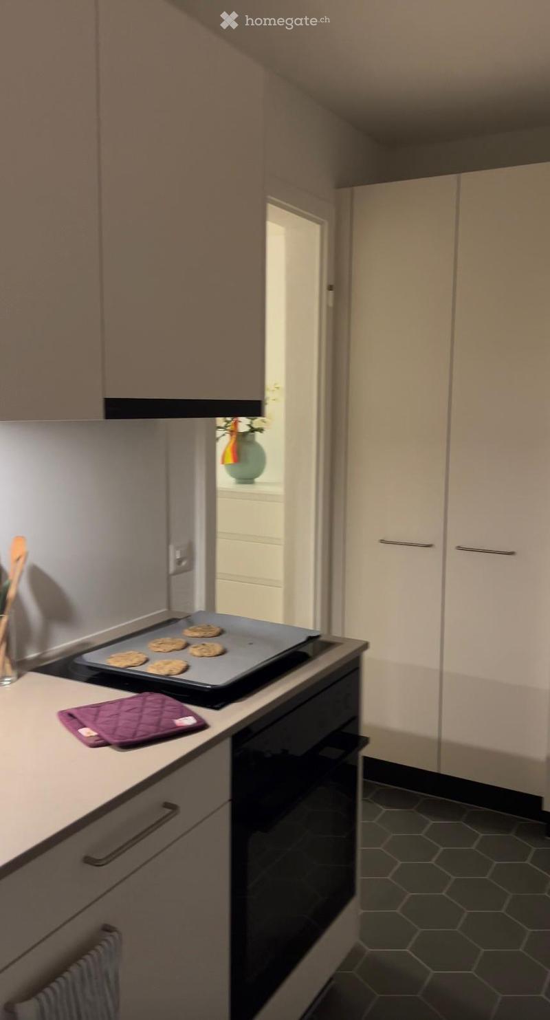 Modern kitchen with light-colored cabinets, a dark countertop, and a baking tray with cookies on the stove. A purple oven mitt and a vase with flowers are visible.